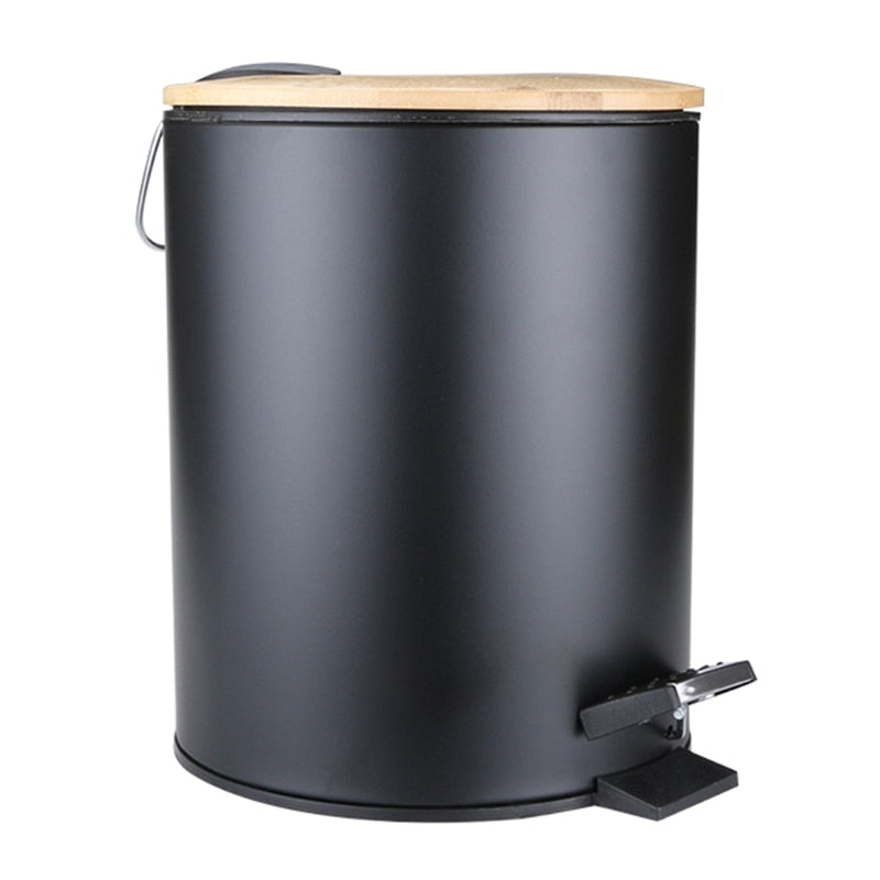 Round Bathroom Step Trash Can - Wooden Flip Lid 5 Liter Capacity