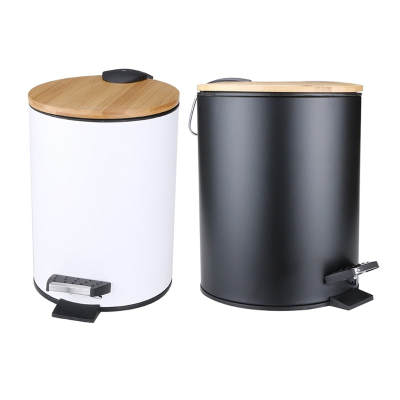 Round Bathroom Step Trash Can - Wooden Flip Lid 5 Liter Capacity