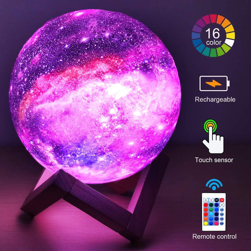 Moon Lamp Kids Night Light Galaxy Lamp 16 Colors LED With Wood Stand Remote Control USB Rechargeable