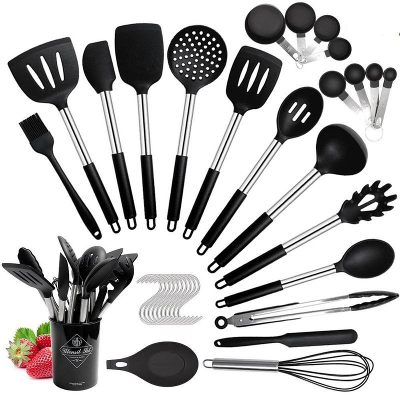 Silicone Cooking Utensil Set Non-Stick Heat Resistant Cookware With Stainless Steel Handle 14pcs