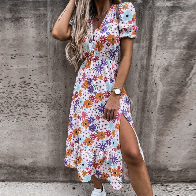 Women Floral Summer Maxi Dress - V Neck